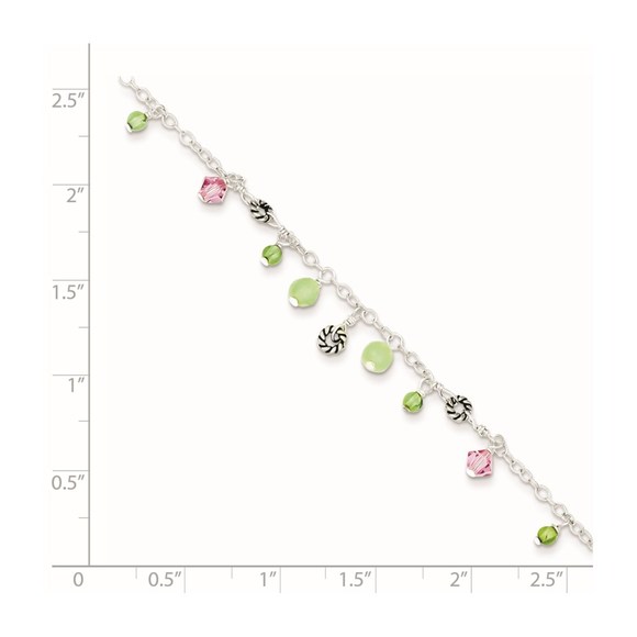 Sterling Silver 9in Pink Crystal Green Quartz Peridot Beads Anklet, 9 inches - Picture 4 of 8
